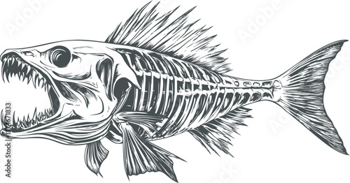 Detailed skeletal fish drawing with sharp teeth in black and white illustration. Vector illustration