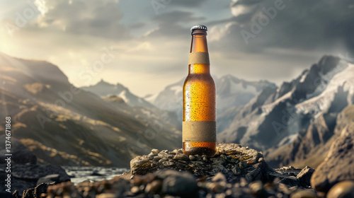 Mountains in the background a beer bottle standing on a rock