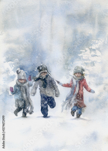 Watercolor painting of three joyful children running through the snow, dressed in warm winter clothes. A festive, playful scene with snowfall and soft, dreamy colors, evoking childhood happiness 