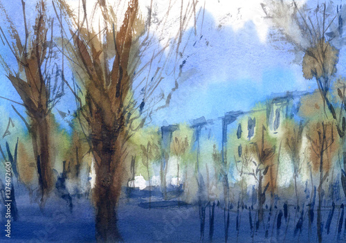 Impressionist watercolor of trees against a soft blue sky. Loose brushstrokes, serene atmosphere.
