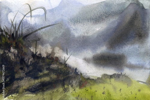 Abstract watercolor landscape with green hill and stormy sky. Expressive brushwork, mysterious atmosphere.