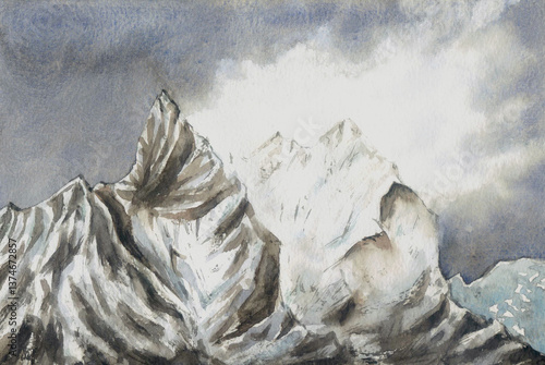 Watercolor painting of majestic snow-capped mountains under a stormy sky. Dramatic and serene.
