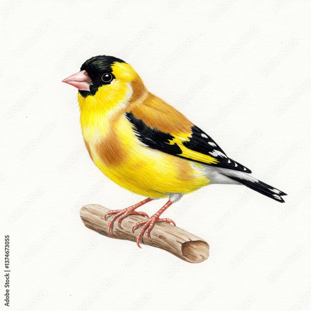 Naklejka premium Illustration of a golden finch with bright yellow feathers sitting on a branch. Ideal for bird, nature, wildlife, ornithology and art illustration themes.