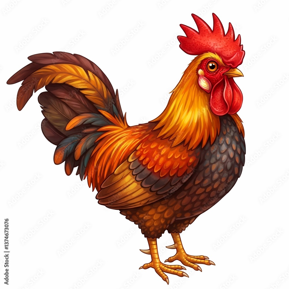 Fototapeta premium A vibrant illustration of a rooster with a red comb and colorful feathers. Ideal for farming, animal, bird, agriculture and illustration themes.