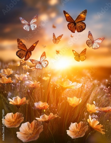 A breathtaking spring landscape with a vibrant field of blooming flowers, butterflies flying around, and a bright blue sky with fluffy clouds. The sun casts a warm glow over the scene, creating dreamy