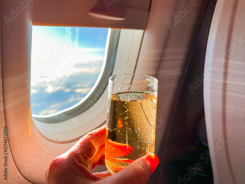 Person holding a glass of champagne in the business class cabin of a passenger jet