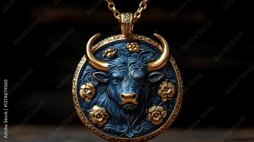 Fototapeta premium Elegant gold pendant showcasing a blue bull with striking golden horns and hooves, encapsulating artistry and cultural symbolism in a modern design
