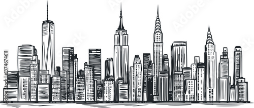 Manhattan skyline with famous skyscrapers in black