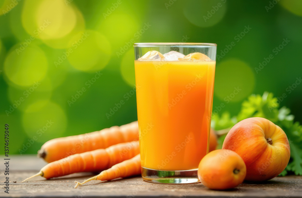 Refreshing glass of carrot juice with fresh carrots and apples on wooden table outdoors Refreshing glass of carrot juice with fresh carrots and apples on wooden table outdoors