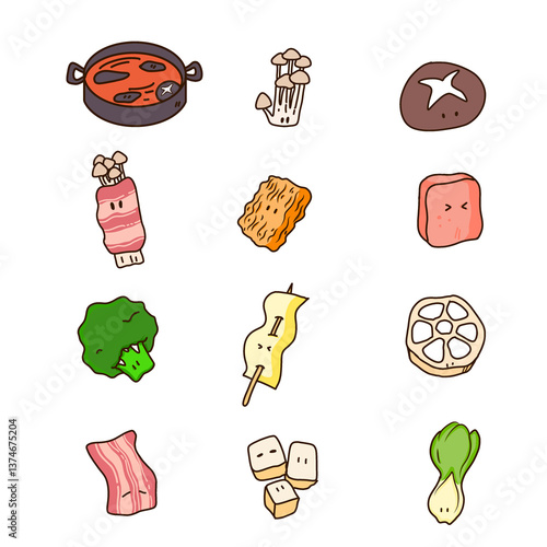 A collection of cute vector illustrations of healthy food such as soup, broccoli, tofu, meat, mustard greens, mushrooms, and Odeng. 