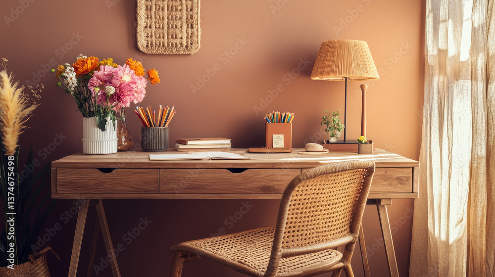 © Sahraya - Warm and cozy workplace interior with wooden desk, rattan chair, vase with flowers, books, marble lamp, cup with pencils, sculpture, brown wall and personal accessories. Home decor. Template. © Sahraya - Warm and cozy workplace interior with wooden desk, rattan chair, vase with flowers, books, marble lamp, cup with pencils, sculpture, brown wall and personal accessories. Home decor. Template.