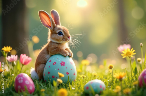 Wallpaper Mural Cute bunny with easter eggs surrounded by spring flowers in sunny meadow Torontodigital.ca