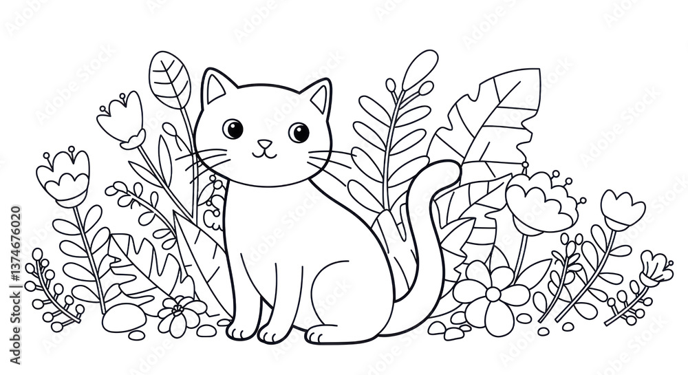 A black and white line art drawing of a cat surrounded by flowers and foliage illustration style A black and white line art drawing of a cat surrounded by flowers and foliage illustration style