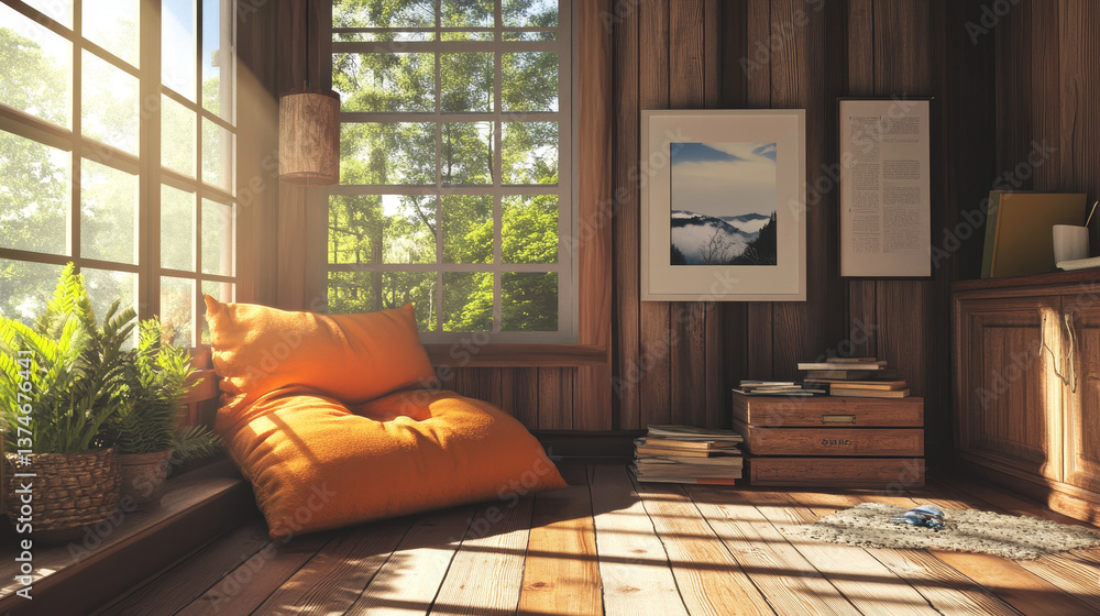 Fototapeta premium Cozy reading nook with a warm, earthy palette, featuring a wooden cabinet, modern art, and a soft orange stool for a relaxed vibe