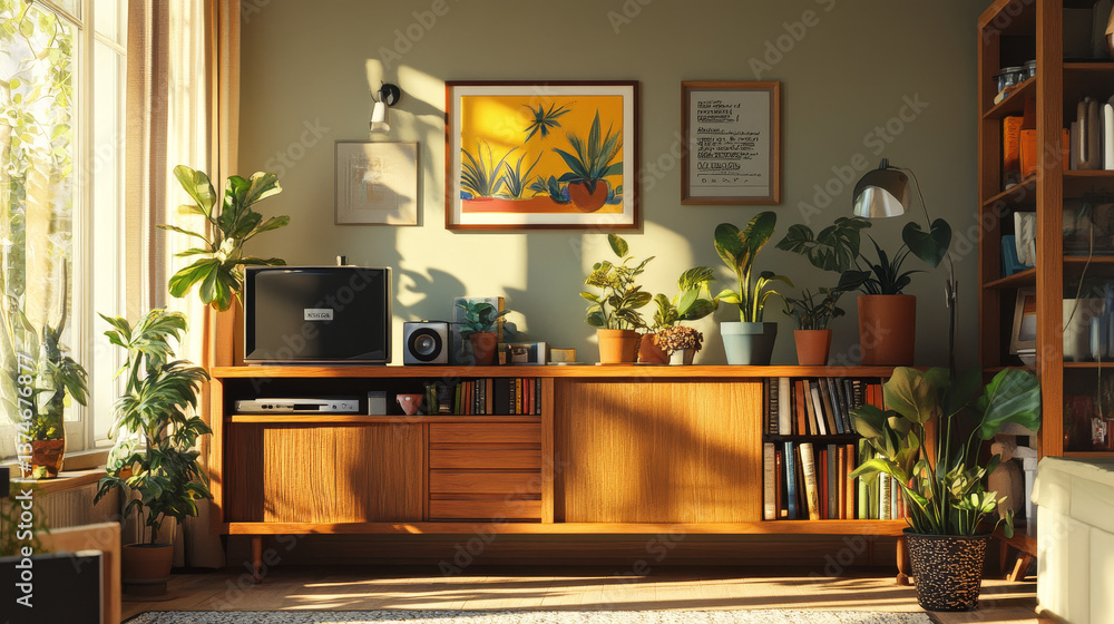 Fototapeta premium Stylish interior with a wooden cabinet adorned with potted plants, decorative objects, and books. A vibrant art piece featuring a sunburst design adds a pop of color. Cozy seating area. Template.