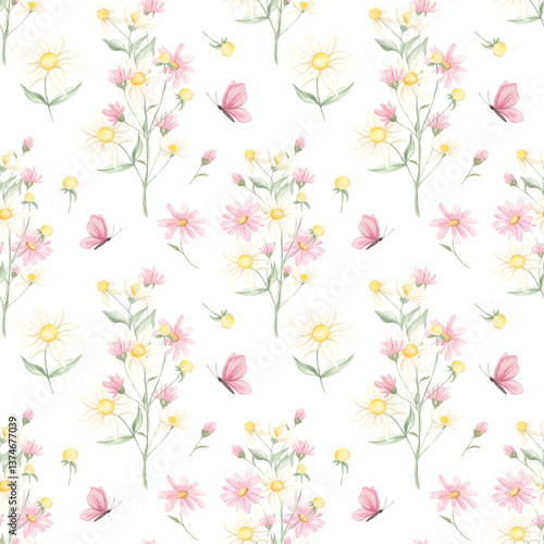 Wallpaper Mural Spring seamless pattern, watercolor. Texture. Small spring flowers. Blooming. Summer. Pink, blue. Home textile, tablecloth. Print for fabric. Floral pattern. Torontodigital.ca
