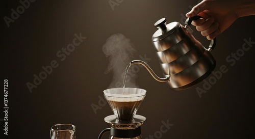 Pouring hot water from kettle into coffee filter for a pour over brewing method on a dark background