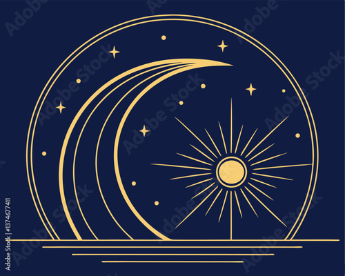Golden crescent moon rising over a calm dark blue ocean under a starry night.