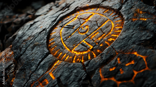 Closeup of petroglyph carved into ancient stone walls inscriptions sacred symbols. lava-covered megaliths. illustration. Sacred Inscription. Illustration