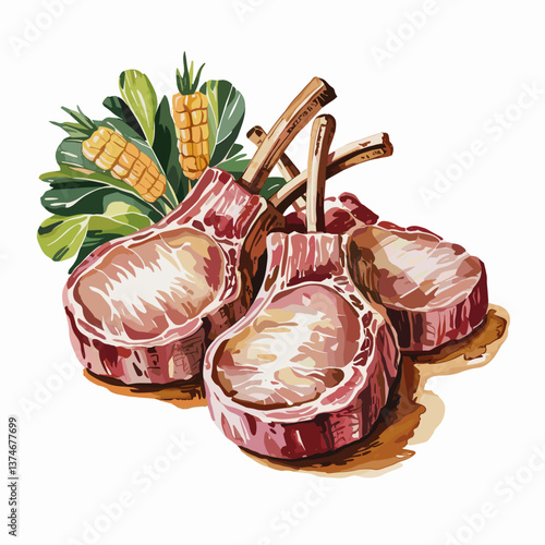 Watercolor Pork Chops with Fresh Vegetables