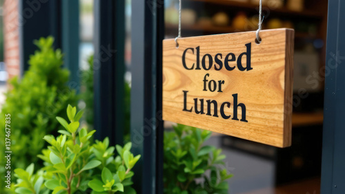Closed for lunch sign hanging on door with greenery in background