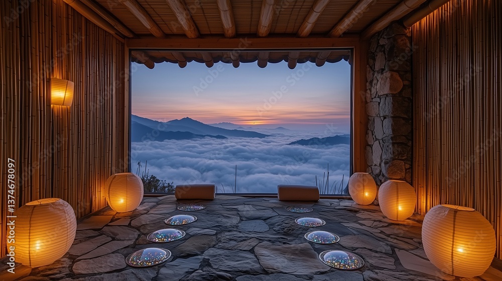 Obraz premium Traditional Korean Jjimjilbang Sauna with Gemstone Floors and Panoramic Cloud View
