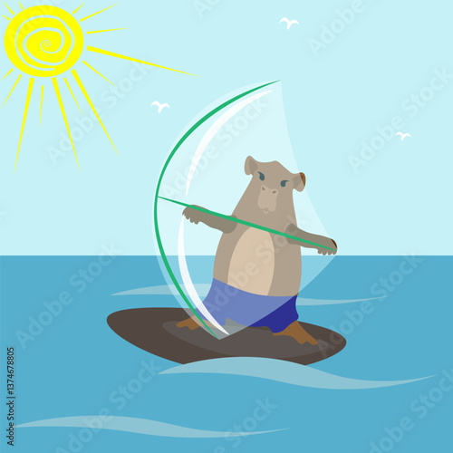 Sunny day capybara is a windsurfer sailing on a windsurfing board on blue waves. The concept of summer holidays