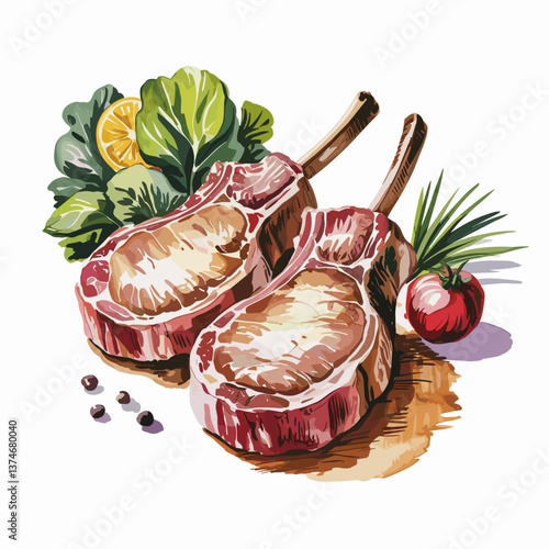 Watercolor Pork Chops with Fresh Vegetables