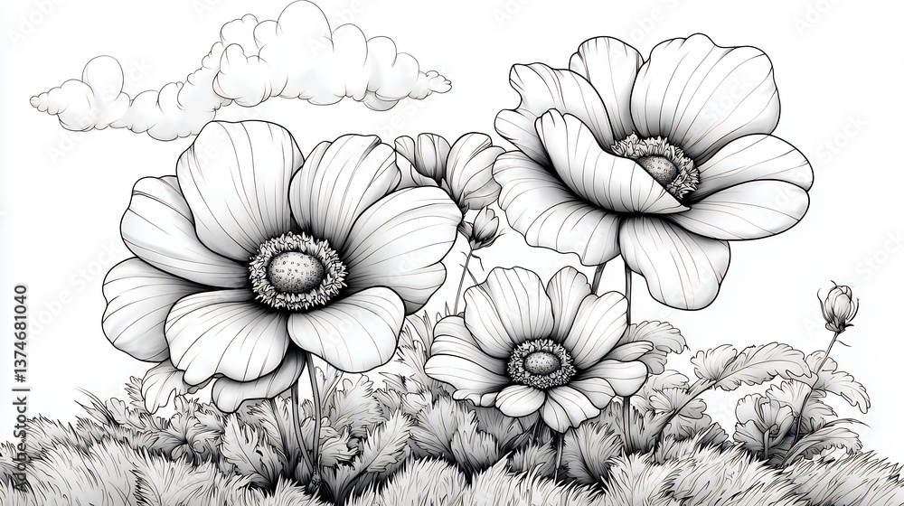 Detailed Pointillist Illustration of Three Gray Flowers Detailed Pointillist Illustration of Three Gray Flowers