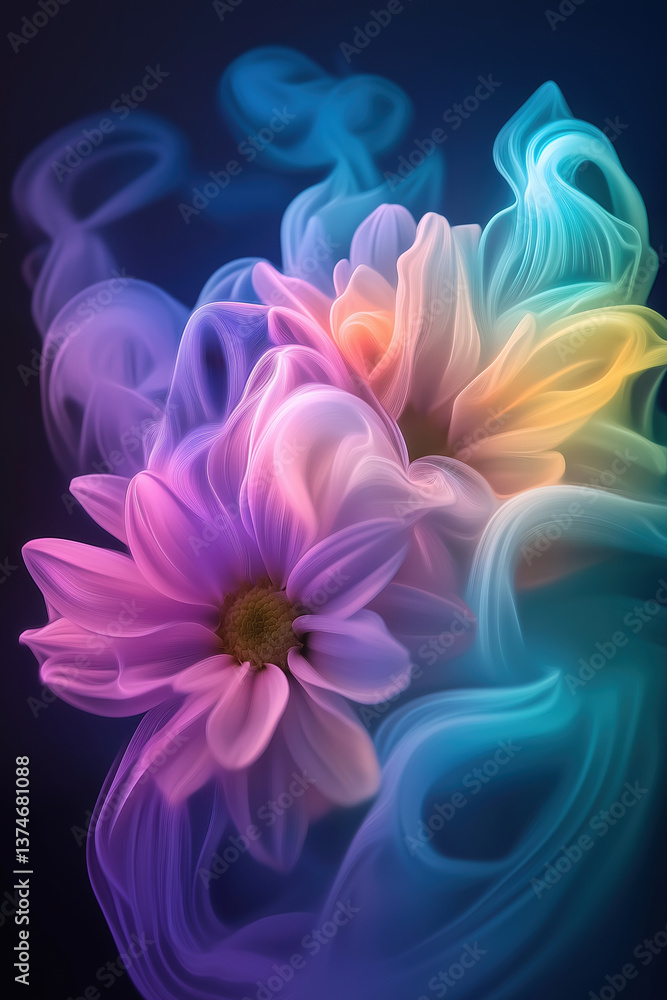 Colorful flowers with ethereal swirls create a dreamy composition in this artwork Colorful flowers with ethereal swirls create a dreamy composition in this artwork