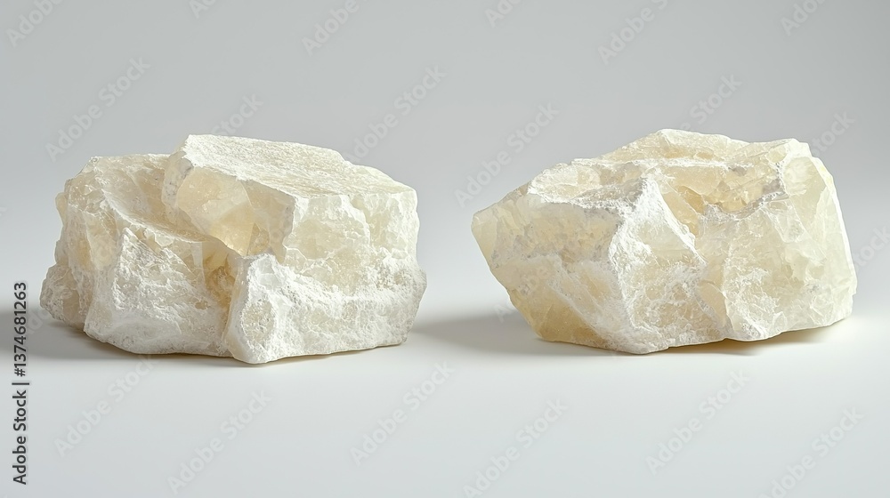 Two rocks resting side-by-side on a white background, with one centered in the foreground and one in the background Two rocks resting side-by-side on a white background, with one centered in the foreground and one in the background