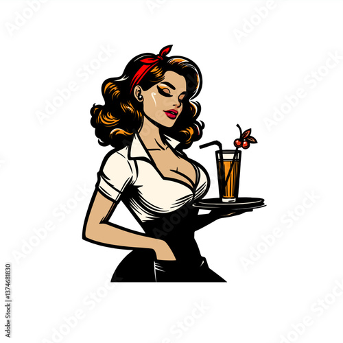 pinup girl waitress hold tray of drinks	
