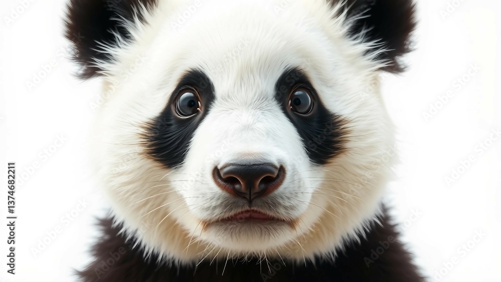 Fototapeta premium Panda-Gesicht-Nahaufnahme auf weißem Hintergrund. Schwarze und weiße Farben. Ideal für Tier- oder Naturschutz-Themen.