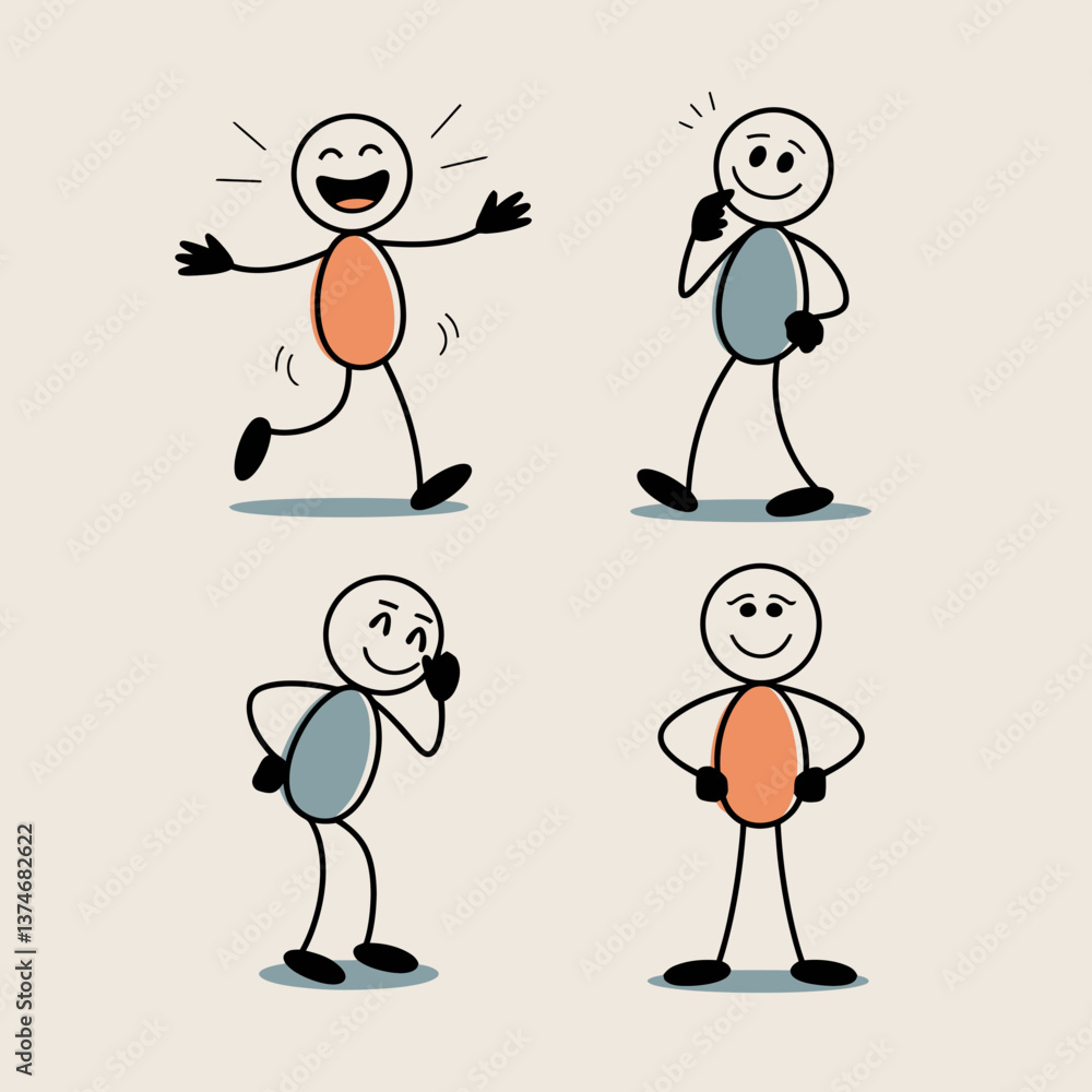 Four cartoon stick figures are each displaying different expressions and poses, conveying a range of emotions from joy to contemplation Four cartoon stick figures are each displaying different expressions and poses, conveying a range of emotions from joy to contemplation