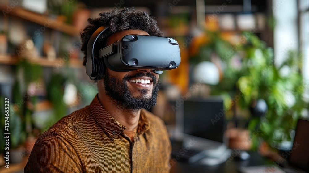 Man with VR headset smiling in a bright home office Man with VR headset smiling in a bright home office