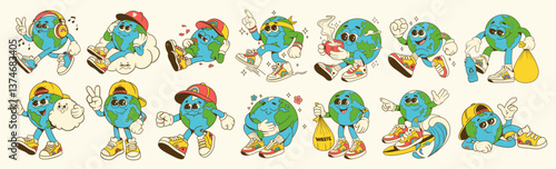 Big collection of retro groovy characters planet earth. Mascot Characters in various poses. The concept of protecting the environment and the planet. Vintage art style 70s.