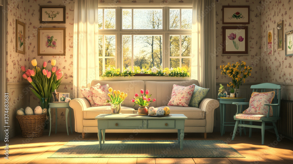 Interior design of spring living room with design sofa, furniture, vase with tulips, easter decorations, pillows and personal accessories. Home decor. Template. Easter holidays. Interior design of spring living room with design sofa, furniture, vase with tulips, easter decorations, pillows and personal accessories. Home decor. Template. Easter holidays.
