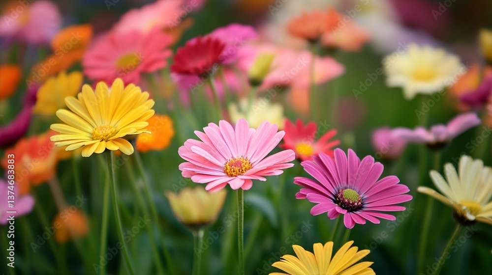 Obraz premium Vibrant garden of colorful African daisies blooming with soft petals in yellow, pink, and orange hues, creating a lush and cheerful floral landscape with blurred background