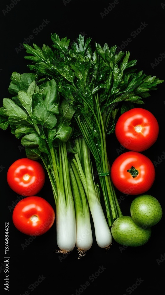 Fresh celery, parsley, tomatoes, and avocados arranged against a black background; vibrant and healthy produce Fresh celery, parsley, tomatoes, and avocados arranged against a black background; vibrant and healthy produce