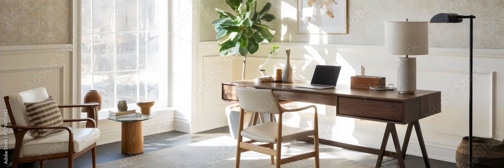 Sunlit home office with desk, laptop, and decorative items – Perfect for work-from-home, modern workspace, or interior design content. Sunlit home office with desk, laptop, and decorative items – Perfect for work-from-home, modern workspace, or interior design content.