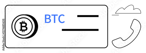 Bitcoin logo with BTC text, horizontal lines resembling transaction details, phone receiver, and cloud. Ideal for cryptocurrency, fintech, communication, finance, blockchain technology networking