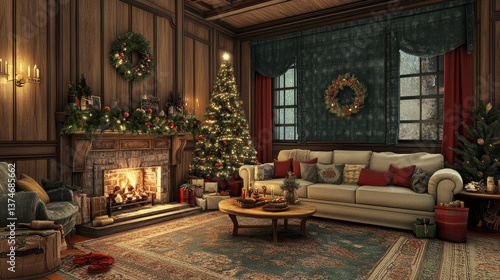 Wallpaper Mural Interior design of christmas living room interior with sofa, christmas tree, chimney, wreath, candle with candle stick, decoration and personal accessories. Home decor. Template. Torontodigital.ca