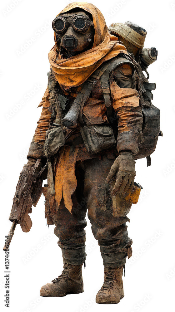 Fototapeta premium Post-apocalyptic survivor character in rugged gear with tattered cloak, tactical pouch, mask goggles, worn rifle, survival outfit, urban wasteland setting, isolated on transparent background, png