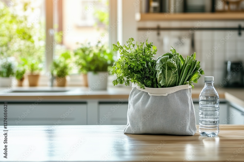 A bag filled with fresh herbs and a bottle of water on a kitchen countertop. A bag filled with fresh herbs and a bottle of water on a kitchen countertop.