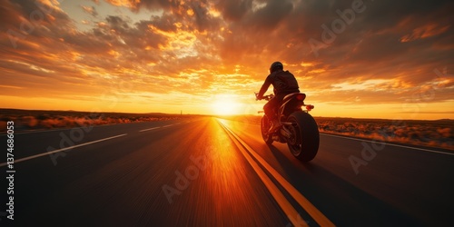 Fototapeta Naklejka Na Ścianę i Meble -  a person riding a motorcycle on a road at sunset