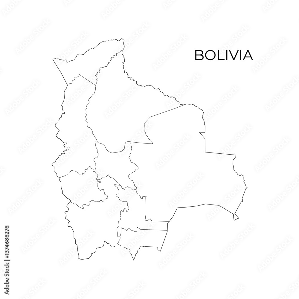 Fototapeta premium Black and white vector outline map of Bolivia, displaying its departments and borders, perfect for educational, political, and geographic reference