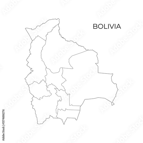 Black and white vector outline map of Bolivia, displaying its departments and borders, perfect for educational, political, and geographic reference
