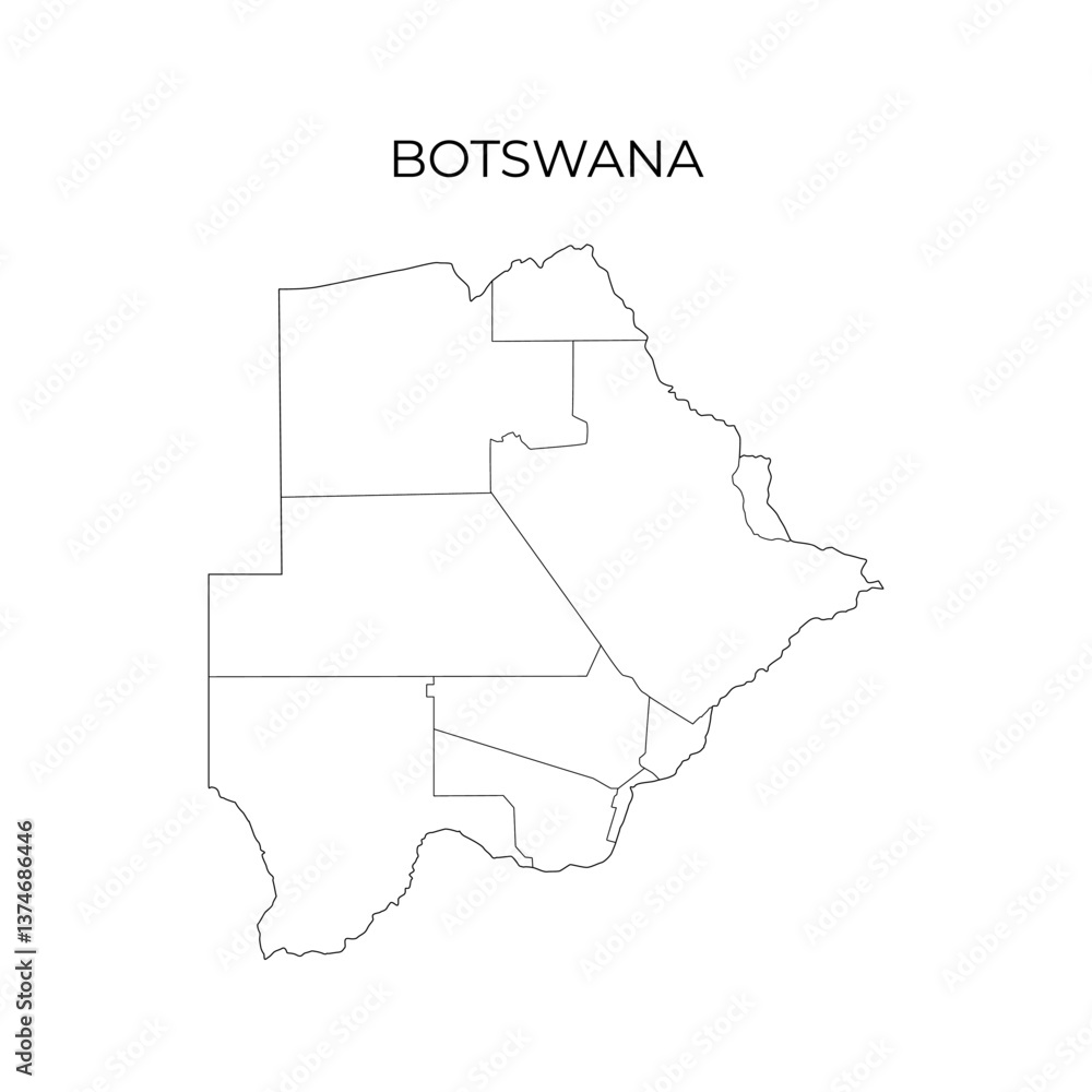 Fototapeta premium A black line map of Botswana showing its administrative divisions, with the country name displayed above on a white background