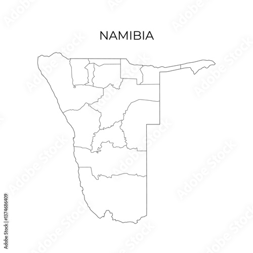 A black line vector map of Namibia showing its administrative divisions, with the country name displayed above on a white background