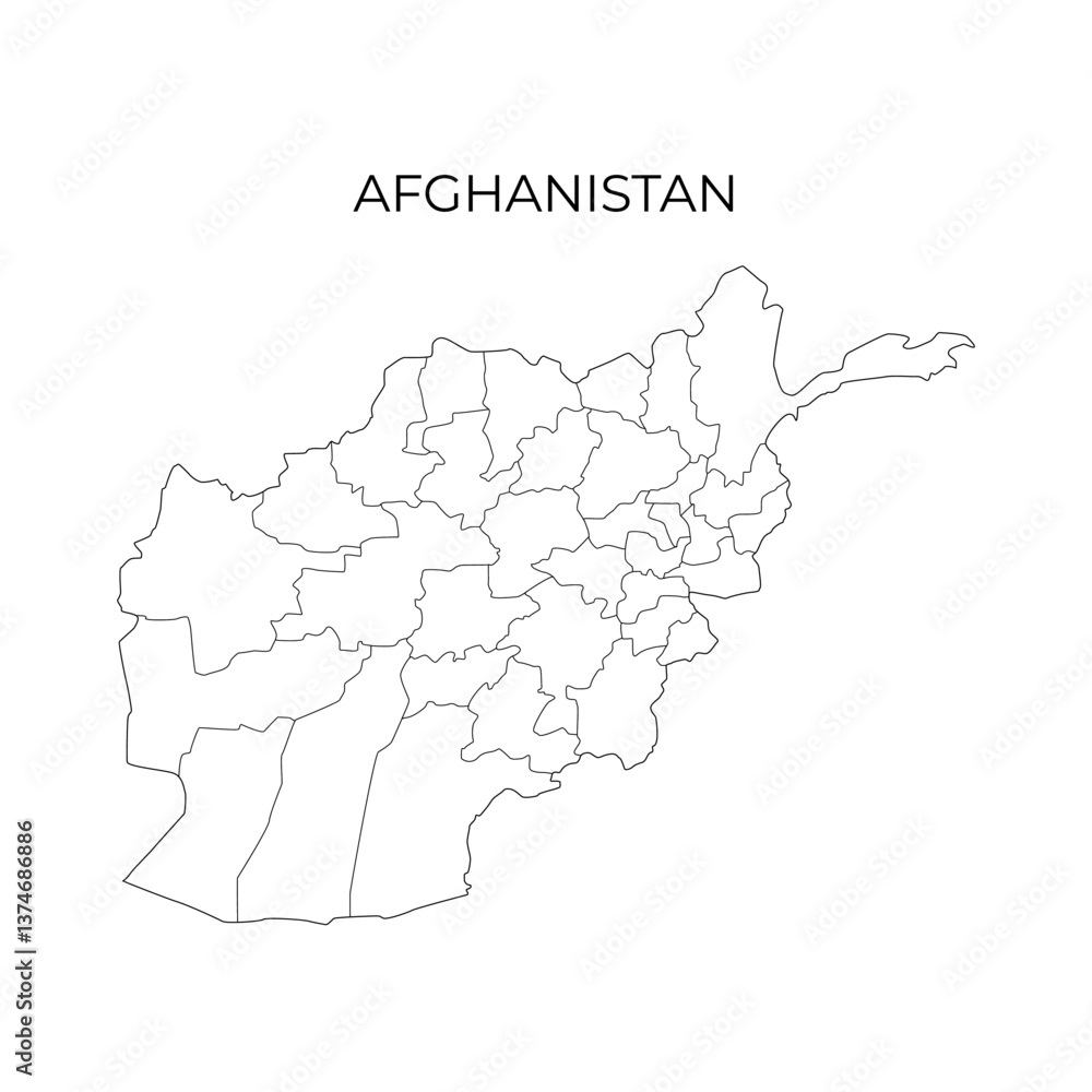 A detailed black and white vector map outline of Afghanistan showing its provinces and geographical borders A detailed black and white vector map outline of Afghanistan showing its provinces and geographical borders